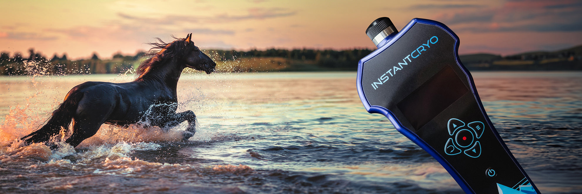 INSTANTCRYO device beside a horse running through the water